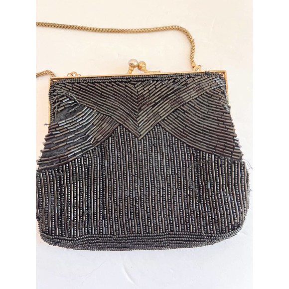 MAGID Women's VINTAGE Black Bead Snap Top Handmade Chain Strap Evening Bag sz OS - Picture 2 of 6